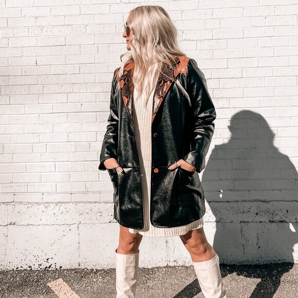 Vegan Leather Blazer Jacket with Snakeskin Collar - Picture 1 of 8